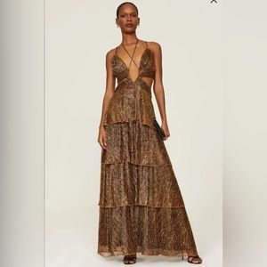 Line & Dot Bronze Metallic Tiered Cutout Maxi Dress